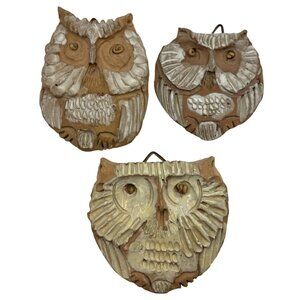 3 Handmade Art Pottery Owl Wall Hangings Rustic Textures Natural Tones Signed
